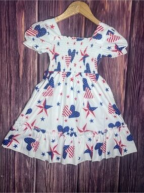 Girls Puff Sleeves Red White Blue Patriotic Star & Heart Summer Flowy Dress